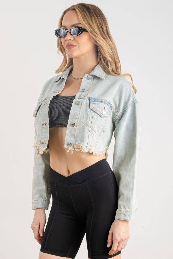Trio Urban - Ski Mask Rhinestones Crop Denim Jacket: BLACK DENIM / SMALL/MEDIUM
