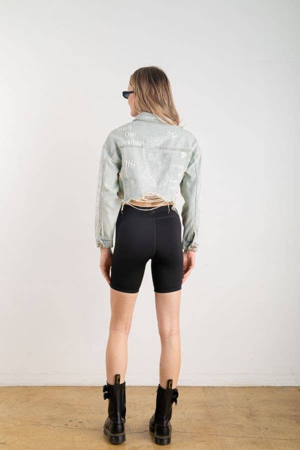 Trio Urban - Ski Mask Rhinestones Crop Denim Jacket: BLACK DENIM / SMALL/MEDIUM