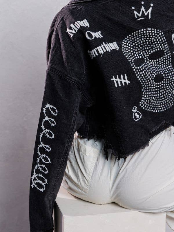 Trio Urban - Ski Mask Rhinestones Crop Denim Jacket: BLACK DENIM / MEDIUM/LARGE