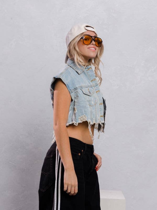 Trio Urban - Plain Crop Denim Vest: BLACK DENIM / SMALL/MEDIUM