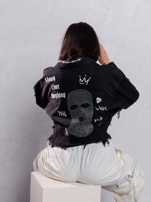 Trio Urban - Ski Mask Rhinestones Crop Denim Jacket: BLACK DENIM / SMALL/MEDIUM