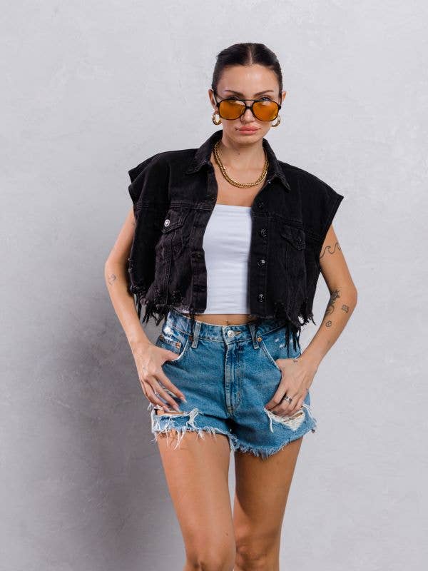 Trio Urban - Plain Crop Denim Vest: BLACK DENIM / MEDIUM/LARGE