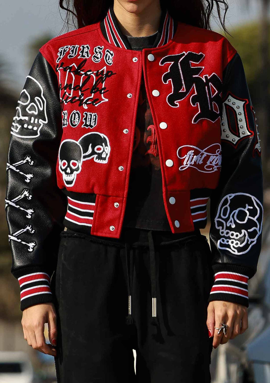 First Row - WAKE UP AND BE FIERCE VARSITY JACKET: Red / S