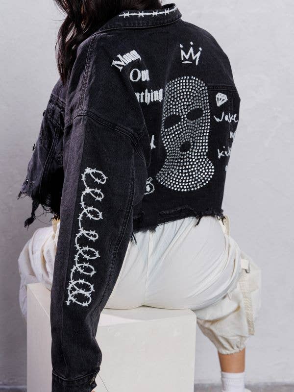 Trio Urban - Ski Mask Rhinestones Crop Denim Jacket: BLACK DENIM / SMALL/MEDIUM