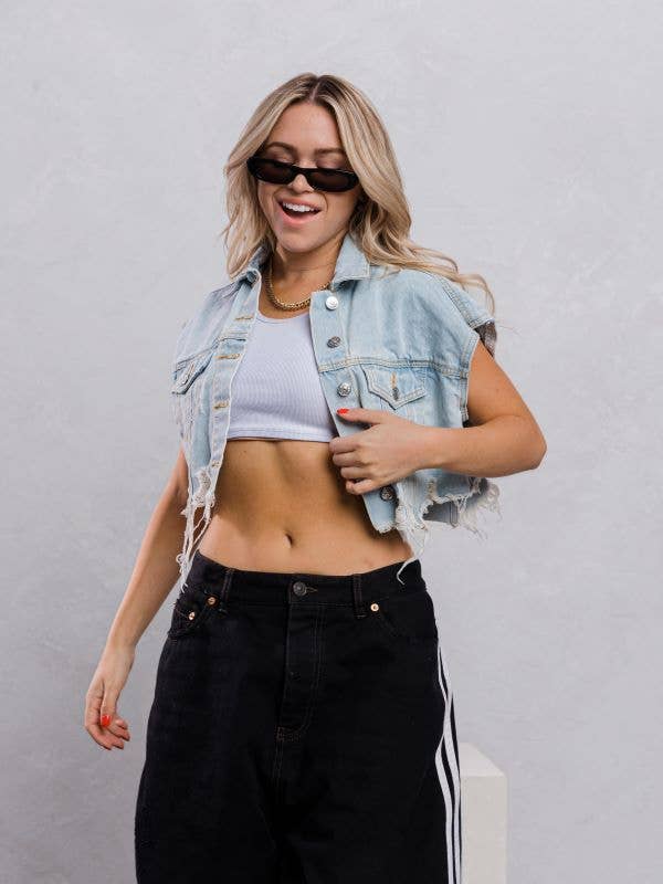 Trio Urban - Plain Crop Denim Vest: BLACK DENIM / SMALL/MEDIUM