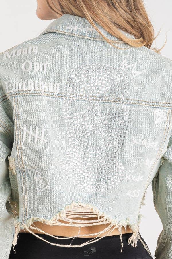 Trio Urban - Ski Mask Rhinestones Crop Denim Jacket: BLACK DENIM / SMALL/MEDIUM