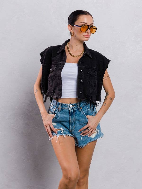 Trio Urban - Plain Crop Denim Vest: BLACK DENIM / SMALL/MEDIUM