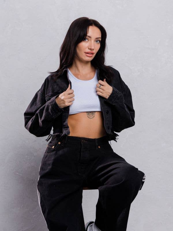 Trio Urban - Plain Crop Denim Jacket: BLACK DENIM / MEDIUM/LARGE