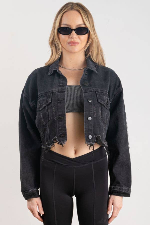 Trio Urban - Ski Mask Rhinestones Crop Denim Jacket: BLACK DENIM / MEDIUM/LARGE