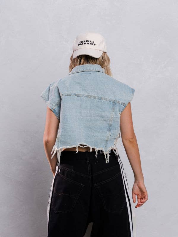 Trio Urban - Plain Crop Denim Vest: BLACK DENIM / SMALL/MEDIUM