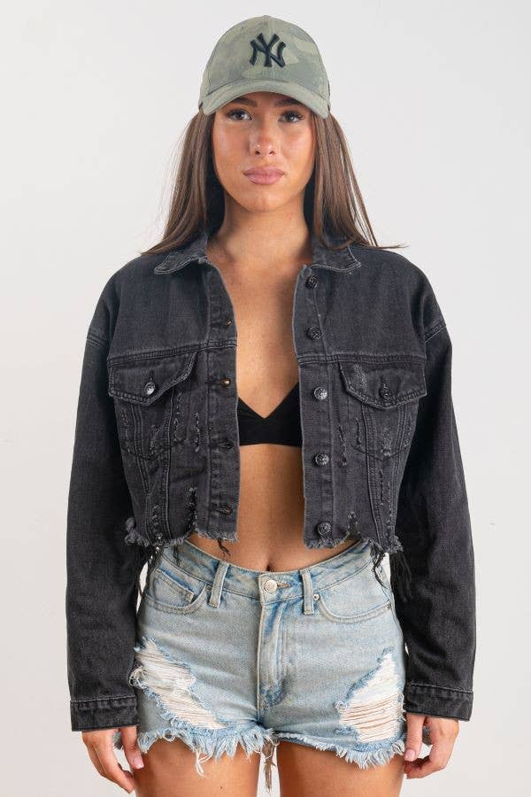 Trio Urban - Rock and Roll Crop Denim Jacket: Black / S/M