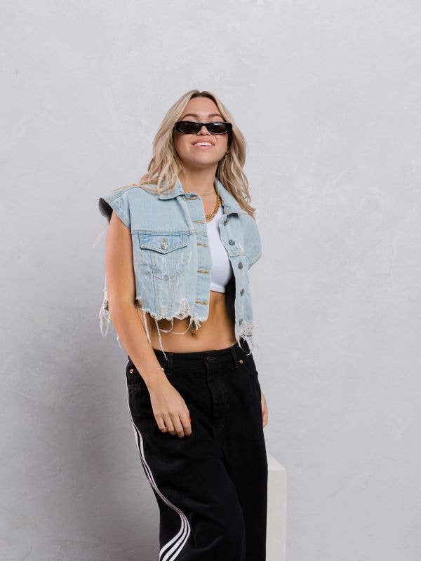 Trio Urban - Plain Crop Denim Vest: BLACK DENIM / MEDIUM/LARGE