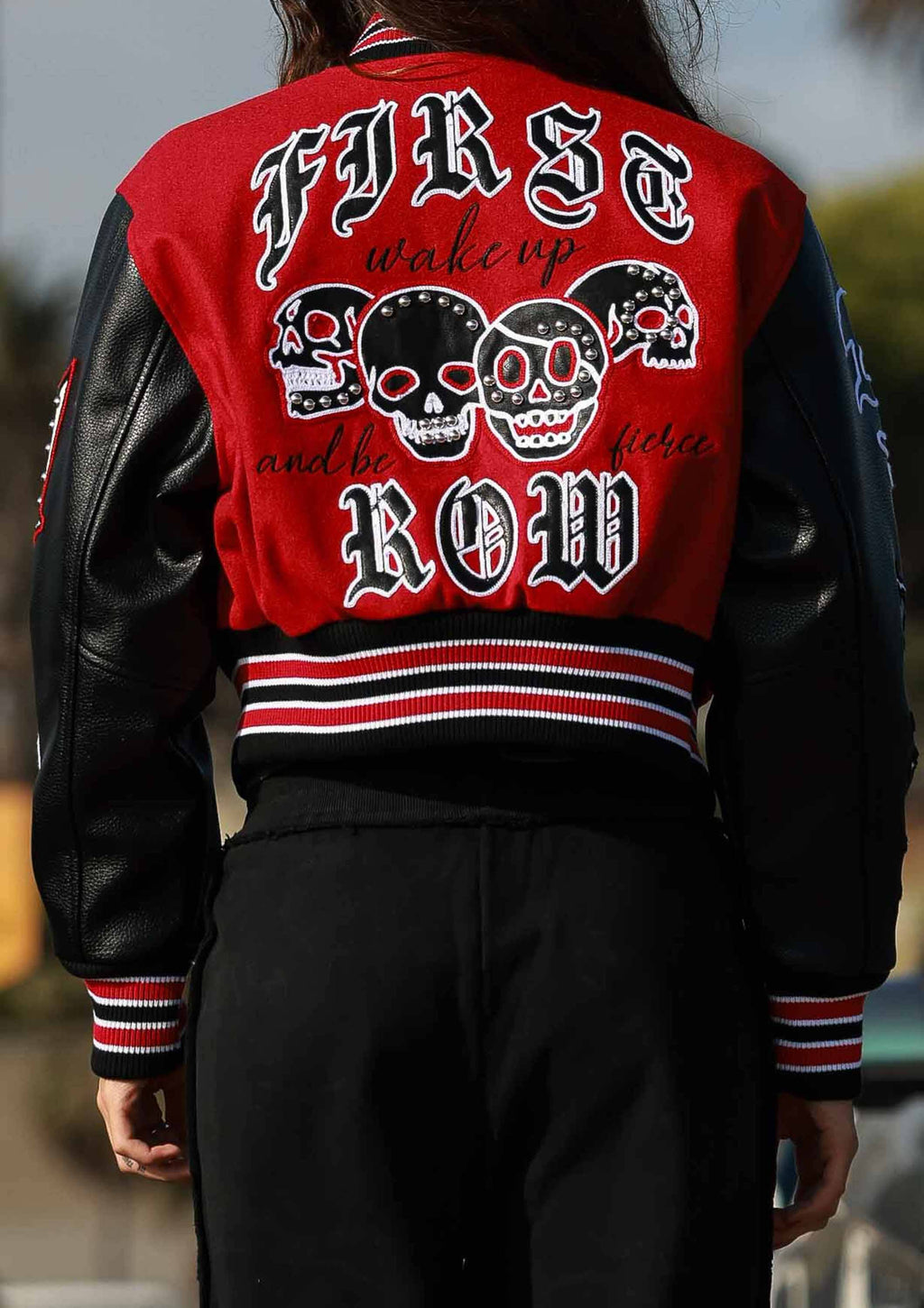 First Row - WAKE UP AND BE FIERCE VARSITY JACKET: Red / S