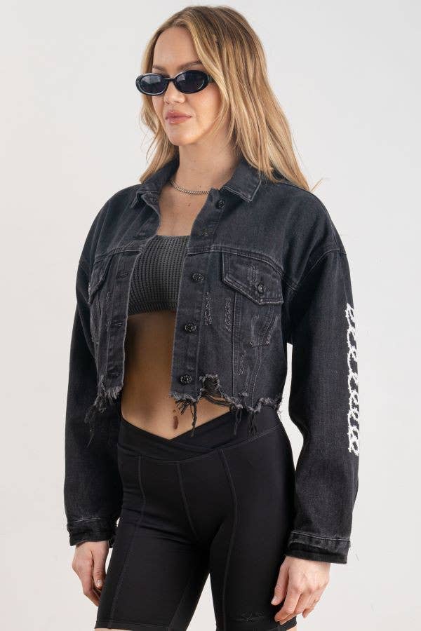 Trio Urban - Ski Mask Rhinestones Crop Denim Jacket: BLACK DENIM / SMALL/MEDIUM