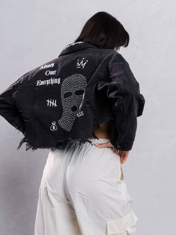 Trio Urban - Ski Mask Rhinestones Crop Denim Jacket: BLACK DENIM / SMALL/MEDIUM