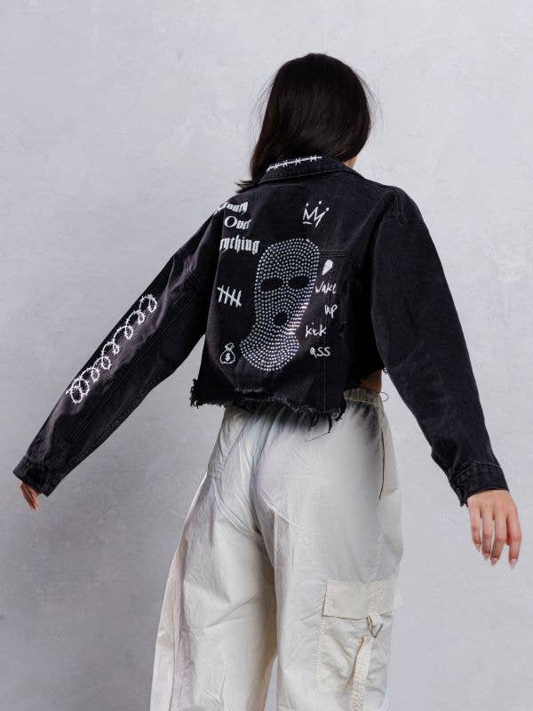 Trio Urban - Ski Mask Rhinestones Crop Denim Jacket: BLACK DENIM / SMALL/MEDIUM