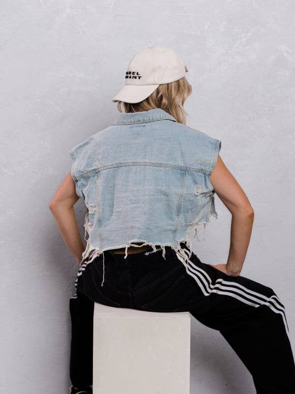 Trio Urban - Plain Crop Denim Vest: BLACK DENIM / MEDIUM/LARGE