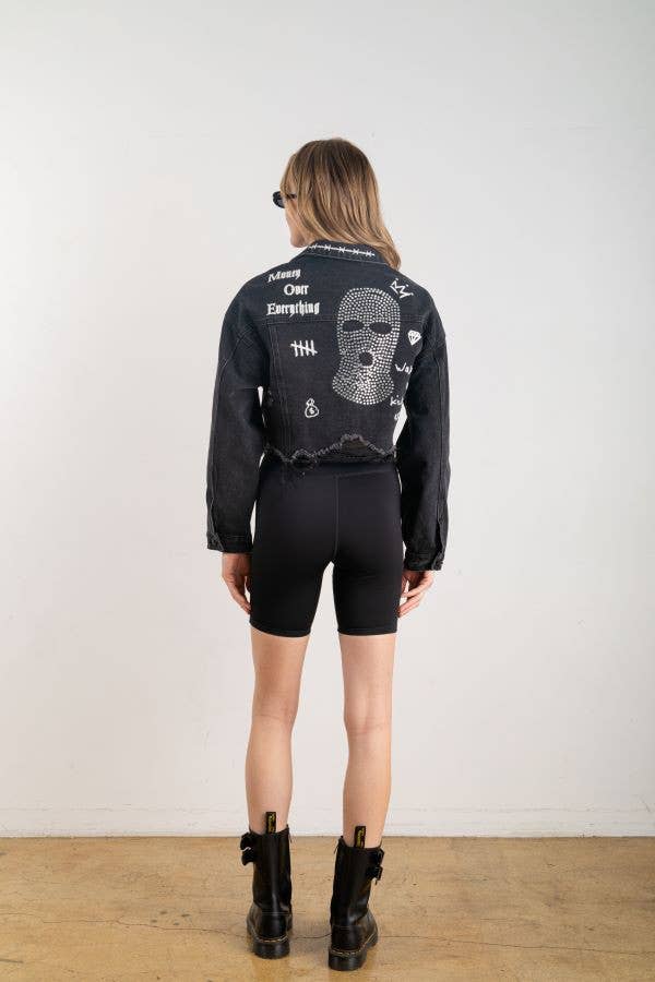 Trio Urban - Ski Mask Rhinestones Crop Denim Jacket: BLACK DENIM / MEDIUM/LARGE