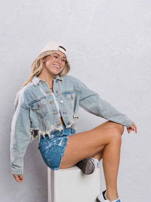 Trio Urban - Ski Mask Rhinestones Crop Denim Jacket: BLACK DENIM / MEDIUM/LARGE