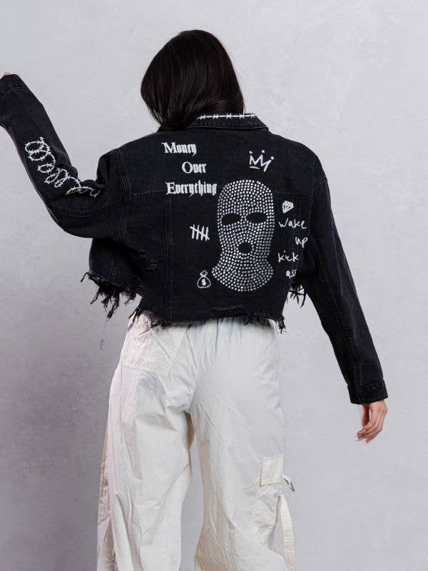 Trio Urban - Ski Mask Rhinestones Crop Denim Jacket: BLACK DENIM / SMALL/MEDIUM