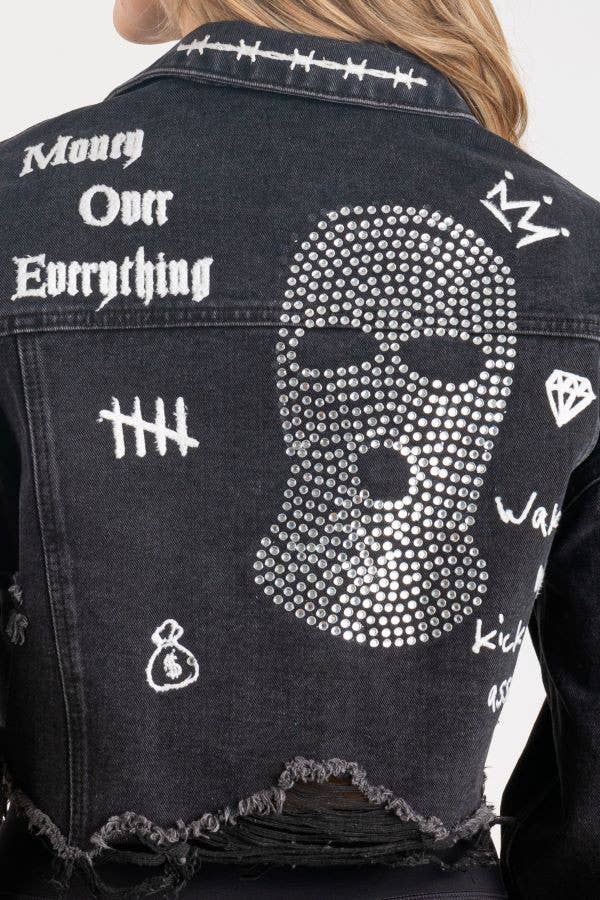 Trio Urban - Ski Mask Rhinestones Crop Denim Jacket: BLACK DENIM / MEDIUM/LARGE