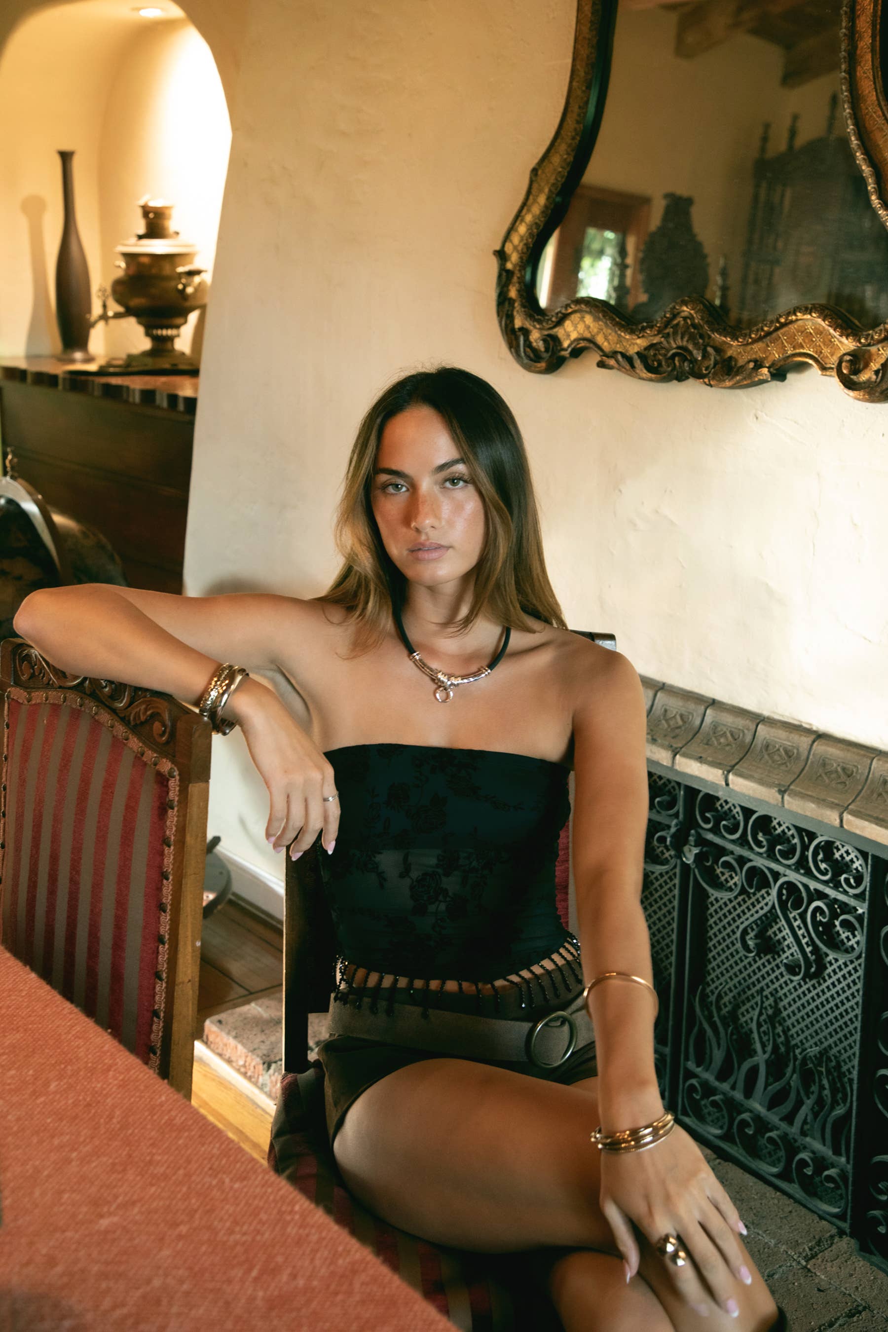 TICTOC - MIRABELL Flocked Mesh Sequence Beaded Bandeau Strapless Top : Black / 3 SMALL 2 MEDIUM 1 LARGE