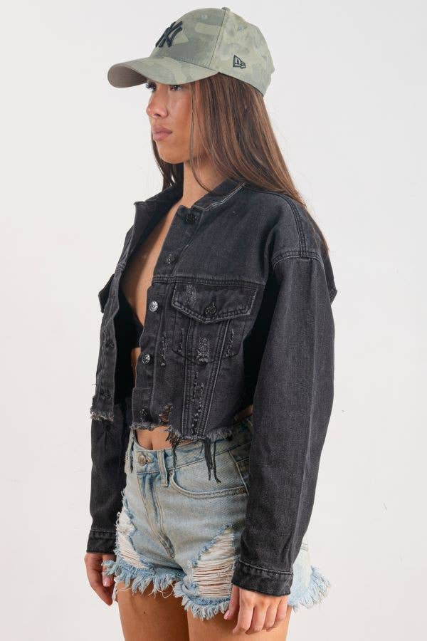 Trio Urban - Rock and Roll Crop Denim Jacket: Black / S/M