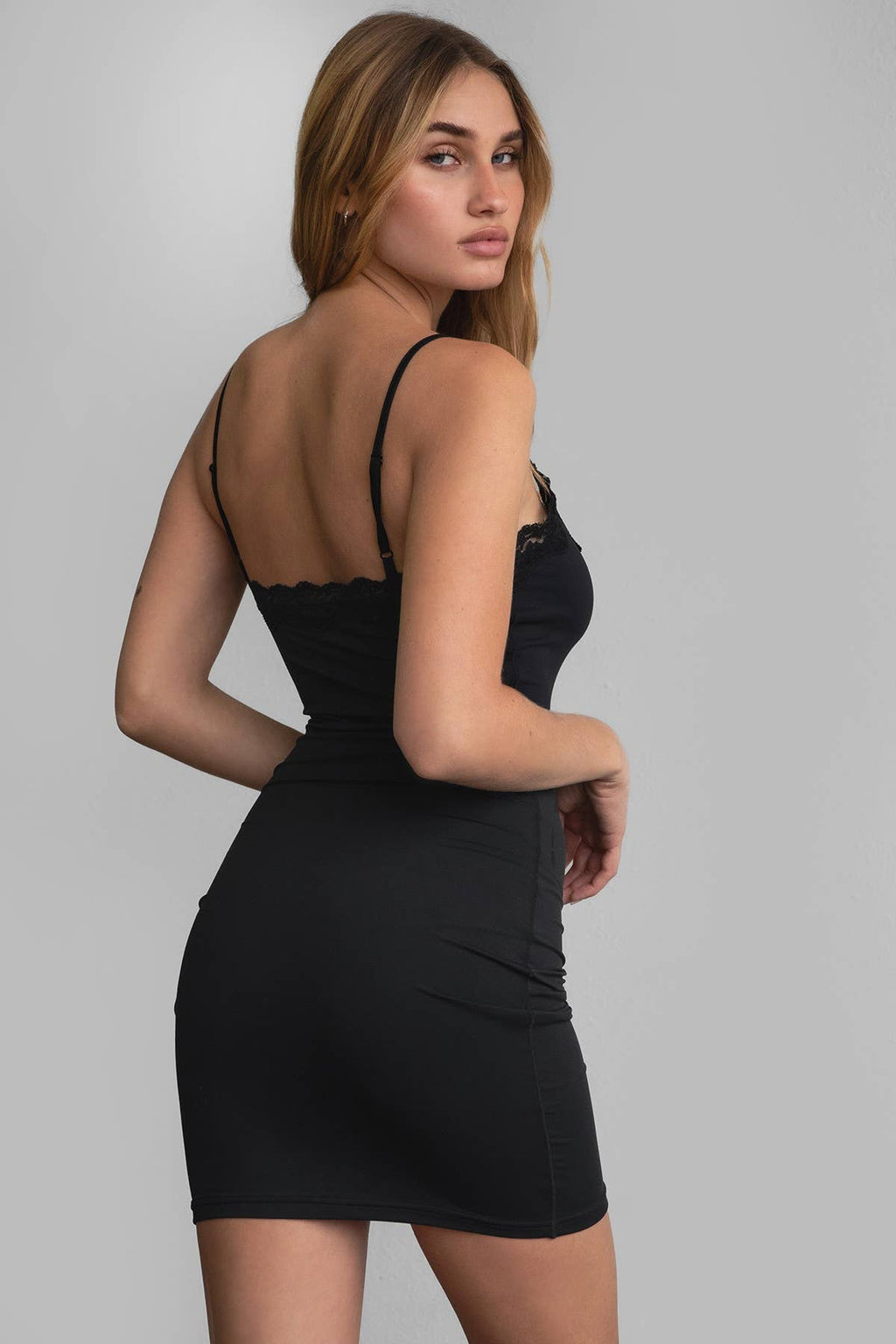 TICTOC - HARVEY DR  Knit Bodycon Lace Trim Mini Dress: Black / 3 SMALL 2 MEDIUM 1 LARGE