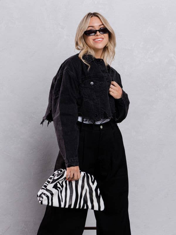 Trio Urban - Ski Mask Rhinestones Crop Denim Jacket: BLACK DENIM / SMALL/MEDIUM