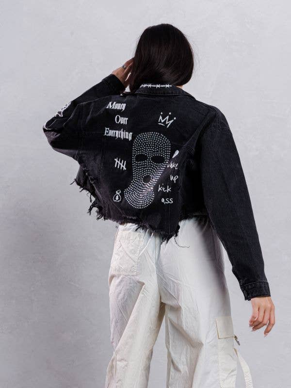 Trio Urban - Ski Mask Rhinestones Crop Denim Jacket: BLACK DENIM / MEDIUM/LARGE