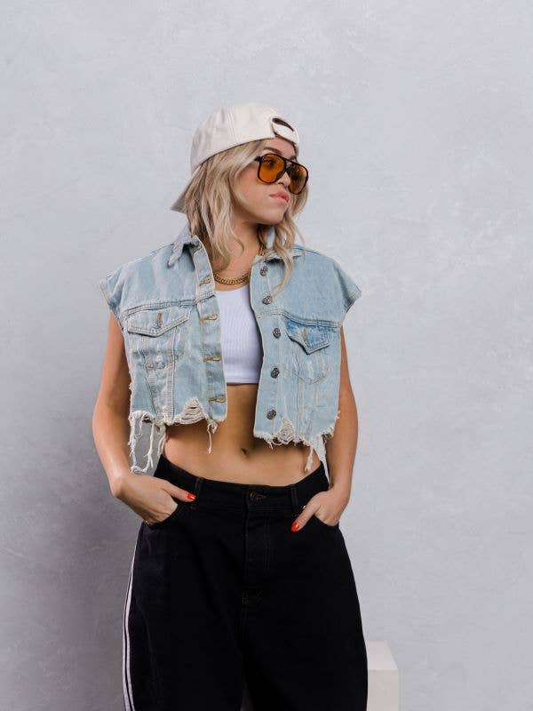 Trio Urban - Plain Crop Denim Vest: BLACK DENIM / MEDIUM/LARGE