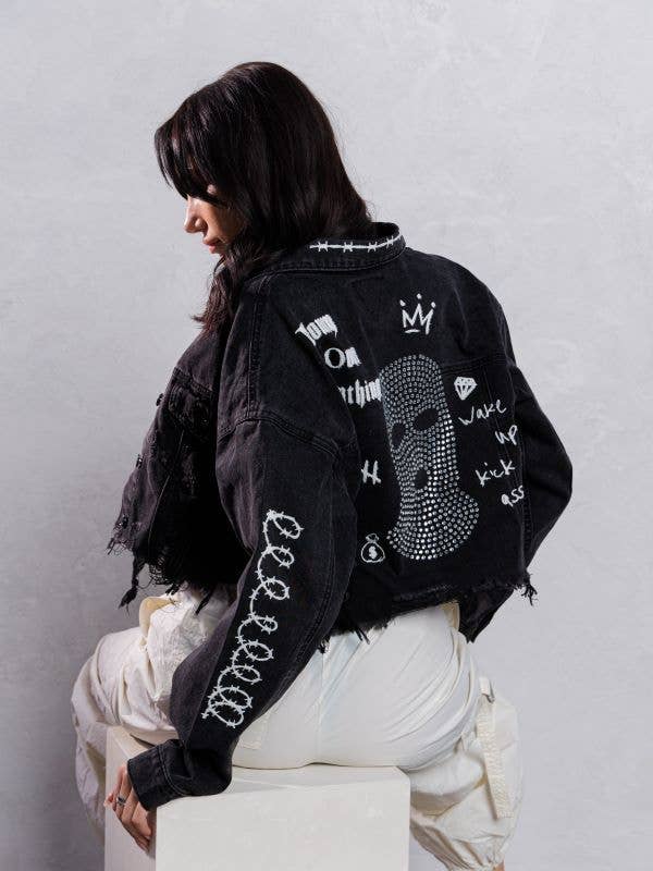 Trio Urban - Ski Mask Rhinestones Crop Denim Jacket: BLACK DENIM / MEDIUM/LARGE