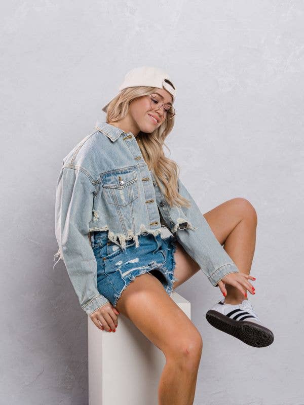 Trio Urban - Ski Mask Rhinestones Crop Denim Jacket: BLACK DENIM / MEDIUM/LARGE